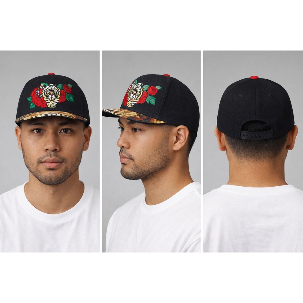 City Hunter USA Cap Black with Tiger and Red Roses Snap Back New w/Tags